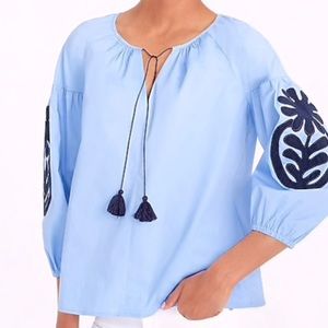 J Crew Embroidered Peasant Blue Top